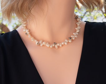 Pearl and Thai silver necklace, white pearl choker, delicate pearl necklace, single strand pearl beaded jewelry, freshwater pearl jewelry