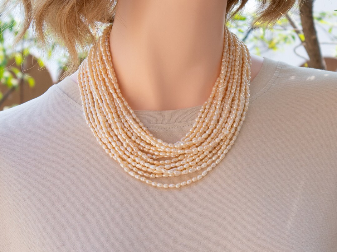 Multi Strand Pearl Statement Necklace Peach Seed Pearl Necklace