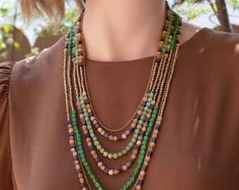 Boho multi layer beaded necklace, bohemian style multi color jewelry, beautiful gifts for her