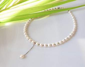 White pearl choker, dainty pearl necklace, single strand freshwater pearl jewelry, simple elegant gifts for women