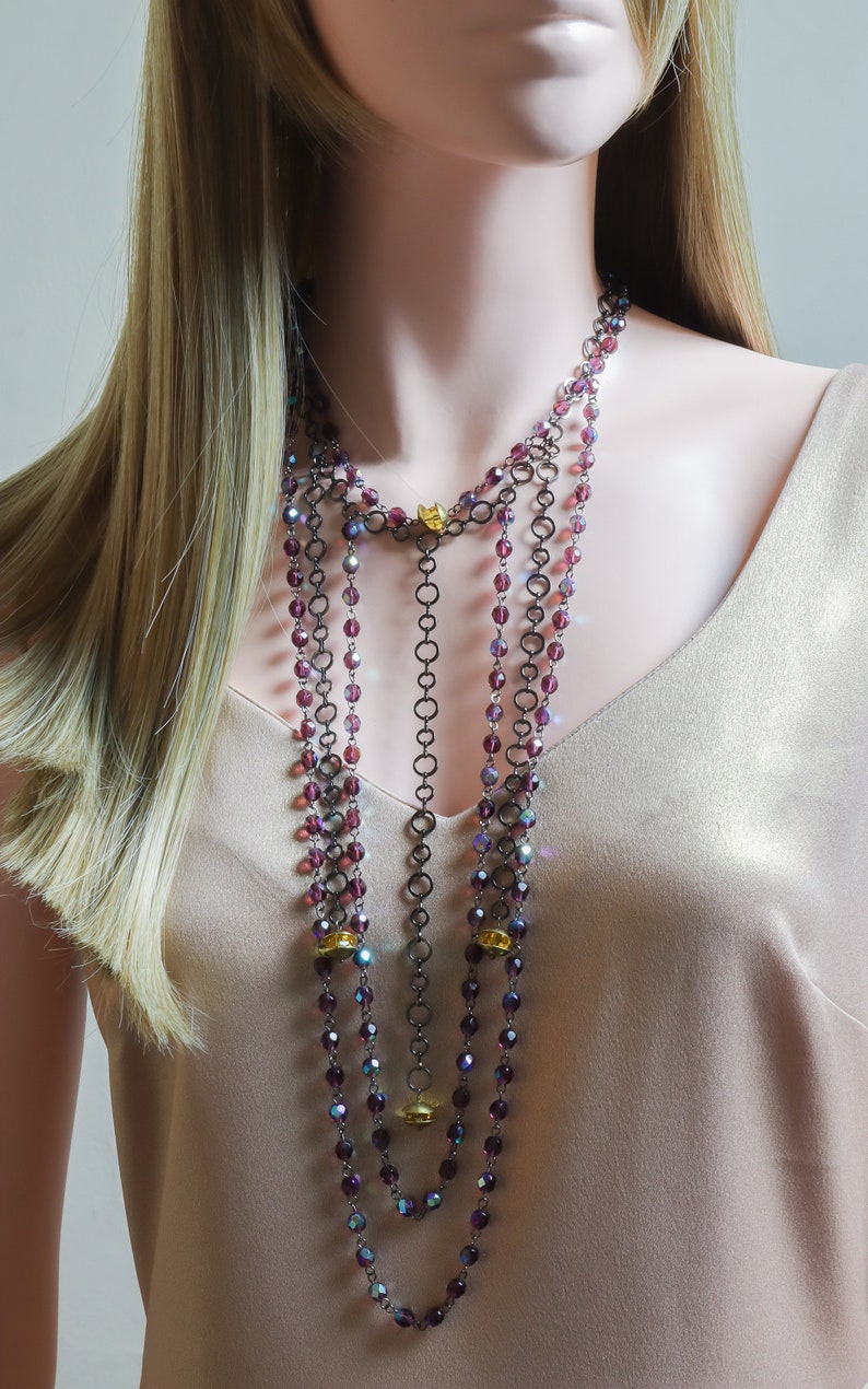Long Drop Necklace Sparkly Purple Chunky Statement Choker Necklace Modern Jewelry Wedding Jewelry Layer Bead Choker Unique gifts