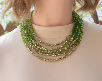 Multi strand olive green necklace, mid century style beaded necklace, glass bead jewelry