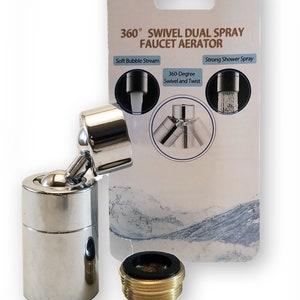 May include: Chrome faucet aerator with a 360-degree swivel and dual spray settings. The aerator has a soft bubble stream and a strong shower spray. The packaging shows a close-up of the aerator and its features.