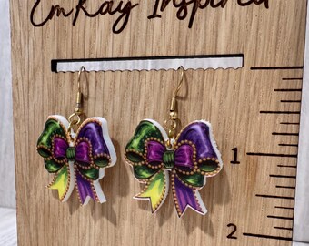 Mardi Gras bow earrings, Mardi Gras earrings, medium gras jewelry, gifts for her, birthday gift, gifts for women, Fat Tuesday, party jewelry