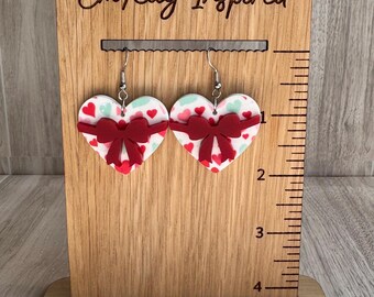 Valentines Day, Valentine’s Day gift, heart dangle earrings, cupid earrings, gift for women, bow heart dangle earrings, Valentine candy box