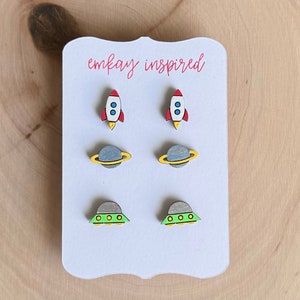 Space earrings,  rocket earrings, outer space jewelry,  birthday gift for her, gifts for her, ufo earrings, stud earrings set, wood studs