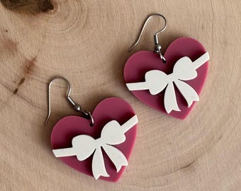 Valentines Day, Valentine’s Day gift, heart dangle earrings, cupid earrings, gift for women, bow heart dangle earrings, Valentine candy box