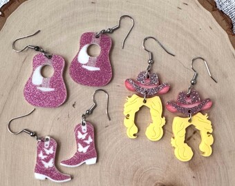 9 to 5 Earrings | Pink Glitter Guitar Earrings | Cowgirl Earrings | Western Country Music Jewelry | Fun Statement Earrings