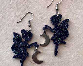 Fairy Moon Earrings, Dark Fairy Earrings, Celestial Dangle Earrings, Fairycore Jewelry, Crescent Moon Earrings, Fantasy Gift for Her