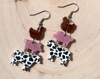 Farm animal dangle earrings, perfect gift for mom, earrings for mom, gifts for her, animal jewelry, farm lovers, cow earrings