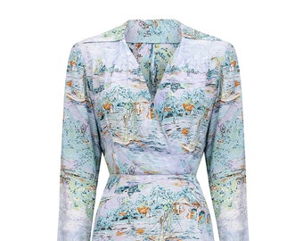 1940s Novelty Ship Print Pastel Coloured Rayon Dress