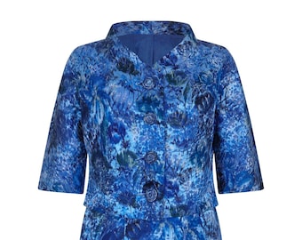 1960s French Couture Blue Floral Textured Silk Dress & Jacket Suit