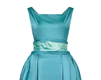 1950s Turquoise Satin Duchess Dress With Corseted Waistband UK Size 8