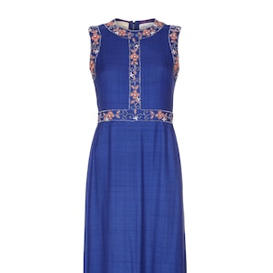 1970er Jahre Susan Kleine Blau Seide Leinen Perlen Maxi Kleid