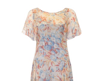 1920s Peach and Blue Silk Chiffon Floral Dress