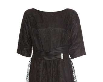 1950s Black Chantilly Lace Peplum Cocktail Dress