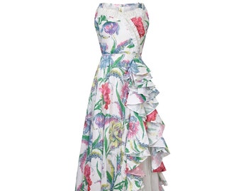 1950s White Floral Cotton Organza Maxi Dress