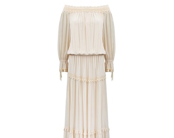 1970s Ivory Silk Crepe Couture Boho Dress