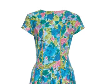 1950s Riddella Green Blue and Pink Floral Cotton Dress