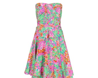 1980s J. Tiktiner French Silk Floral Strapless Dress