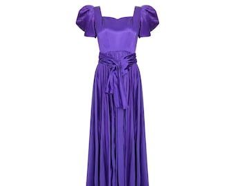 1940s Haute Couture Purple Satin Chiffon Dress UK Size 10