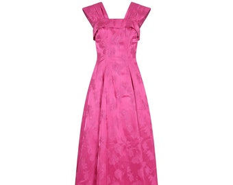 1950s Magenta Jacquard Print Floral Evening Dress