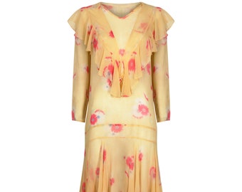 1920s Yellow Chiffon Floral Dress