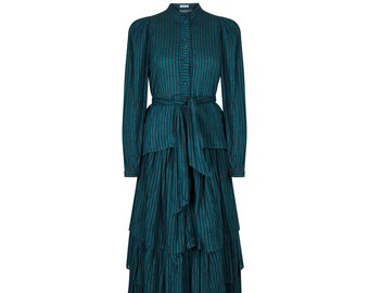 1970s Caroline Charles Cotton Striped Blouse and Skirt Ensemble