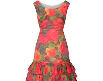 1960s Ruffle Tiered Orange and Pink Watercolour Floral Print Dress