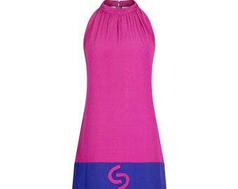 May include: A sleeveless pink dress with a blue band around the bottom. The band has a pink stylized letter "S" in the center.