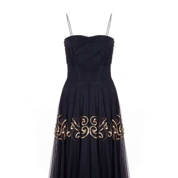 Fred Perlberg 1940s Black and Gold Evening Dress with Matching Gloves