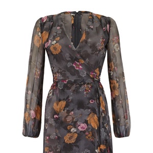 1960s British Couture Grey Floral Silk Chiffon Vintage Dress