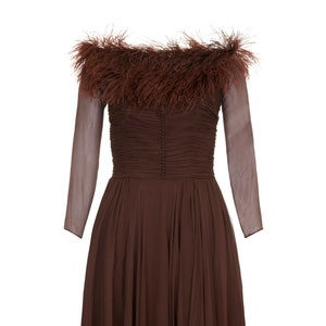 1950s Cardinal Brown Silk Chiffon and Feather Trim Dress UK size 6 image 1