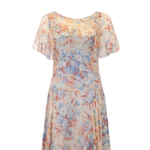 1920s Peach and Blue Silk Chiffon Floral Dress