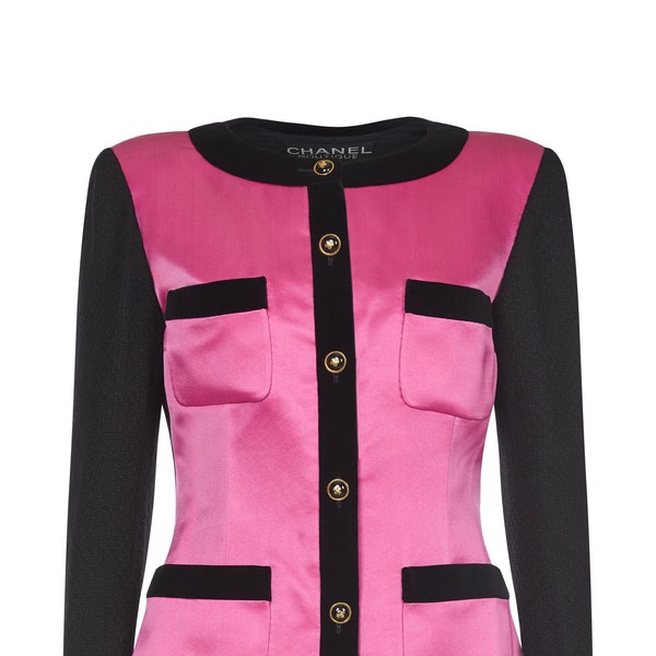 Chanel 1980s Boucle Black Wool and Pink Satin Jacket