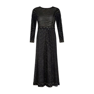 Puede incluir: Un vestido maxi negro con un patrón geométrico dorado y un ribete dorado alrededor del escote y el dobladillo.