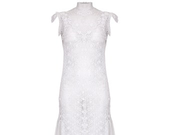 1920s White Handmade Irish Crochet Lace Bridal Dress