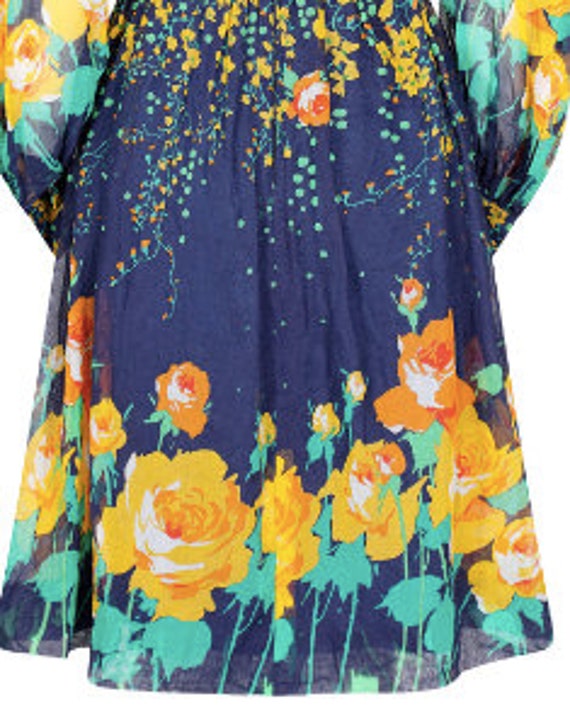 1970s French Couture Navy Rose Print Dress - image 7