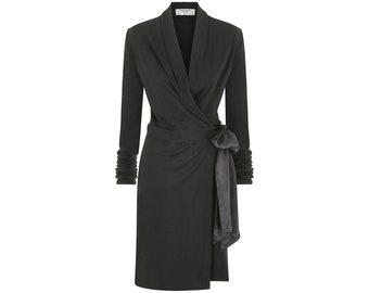 2000s Yves Saint Laurent Long Sleeve Black Jersey Wrap Dress