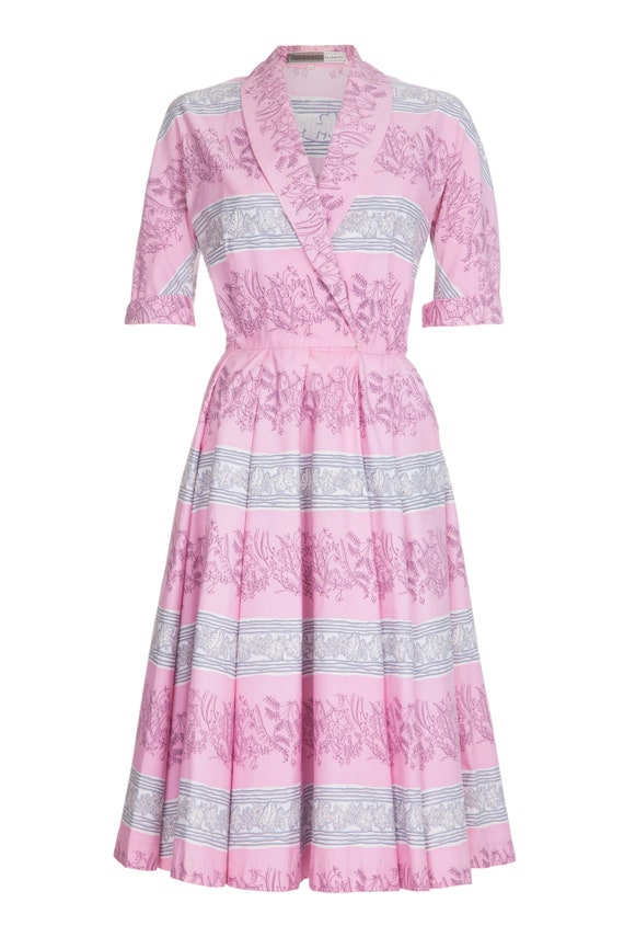 1950s Horrockses Pink Cotton Leaf Print Dress Size