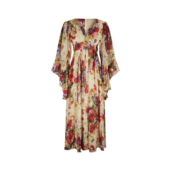 1970s Angel Sleeve Poppy Print Cotton Maxi Dress - Etsy