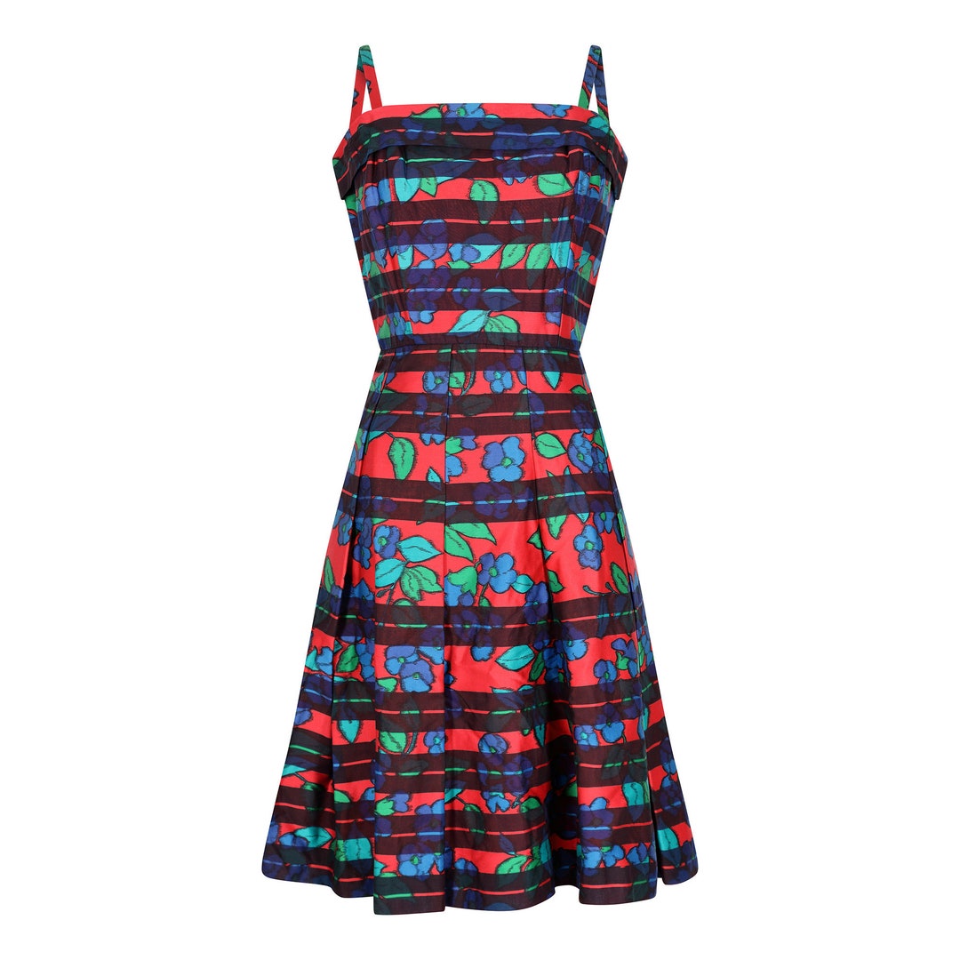 Paul Jonas 1960s Floral Print Dress With Black Stripes