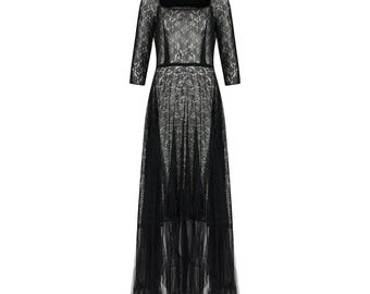 1930s Black Floral Lace Maxi Dress with Deep Mesh Flounce