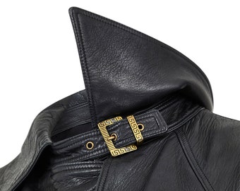 1990s Gianni Versace Black Leather Trench Coat With Medusa