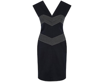2000s Thierry Mugler Couture Navy Cotton Chevron Dress