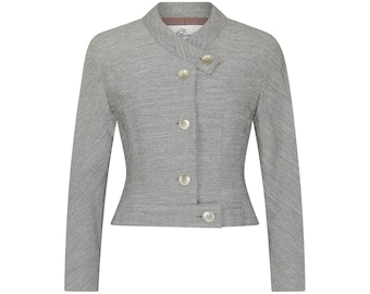 Chaqueta de lana gris jaspeada de Schleisner Co., década de 1940