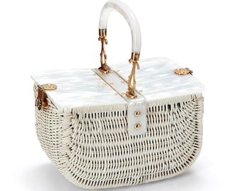 1950s Pearlescent Lucite and White Woven Straw Basket Bag