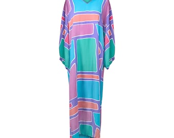 1970s Bill Tice Pastel Abstract Print Kaftan Dress