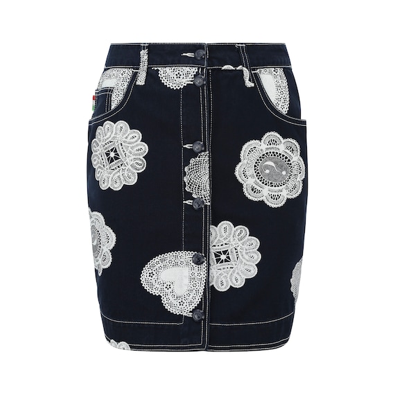 レア　希少　MOSCHINO JEANS スカート　ヴィンテージ　L相当　y2k 1990s Moschino Denim and Doily Novelty Print Mini Skirt - Etsy