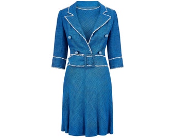 1950s Jacques Esterel Haute Couture Blue Linen Dress Suit